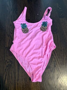 Topshop Pink One-Piece Swimsuit with Sequin Pineapple Details